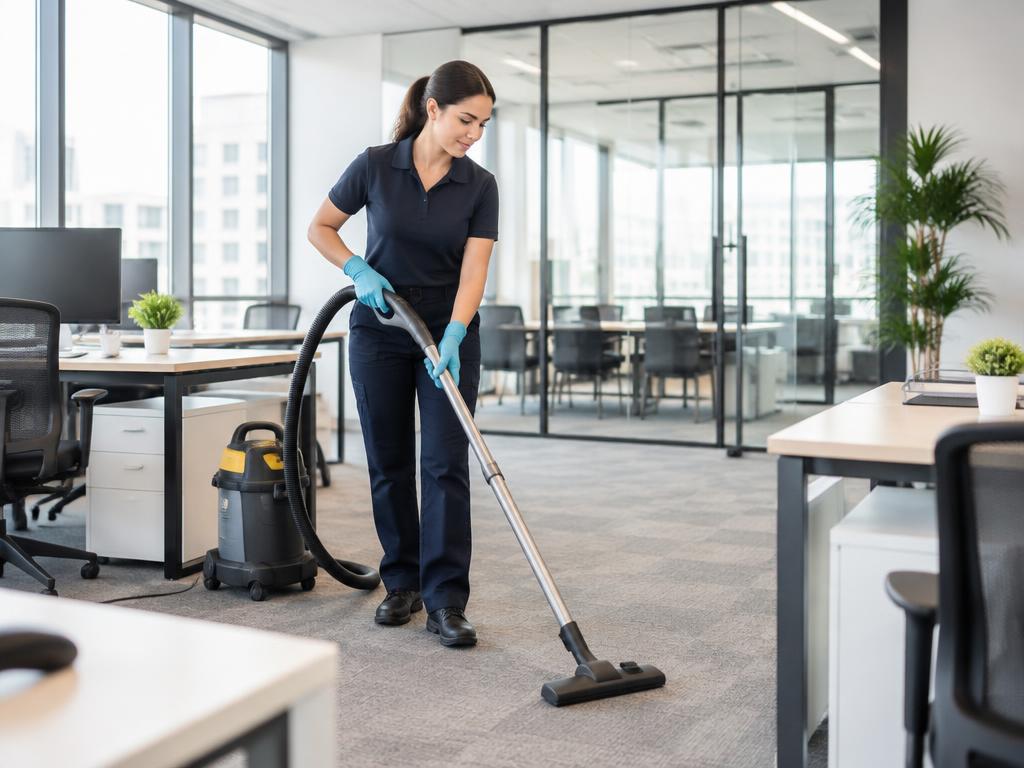 Professional cleaner vacuuming a modern office