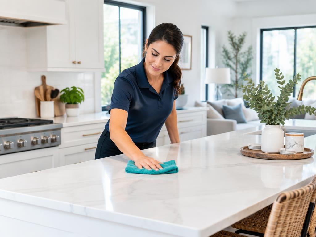 Professional cleaner wiping a bright kitchen counter