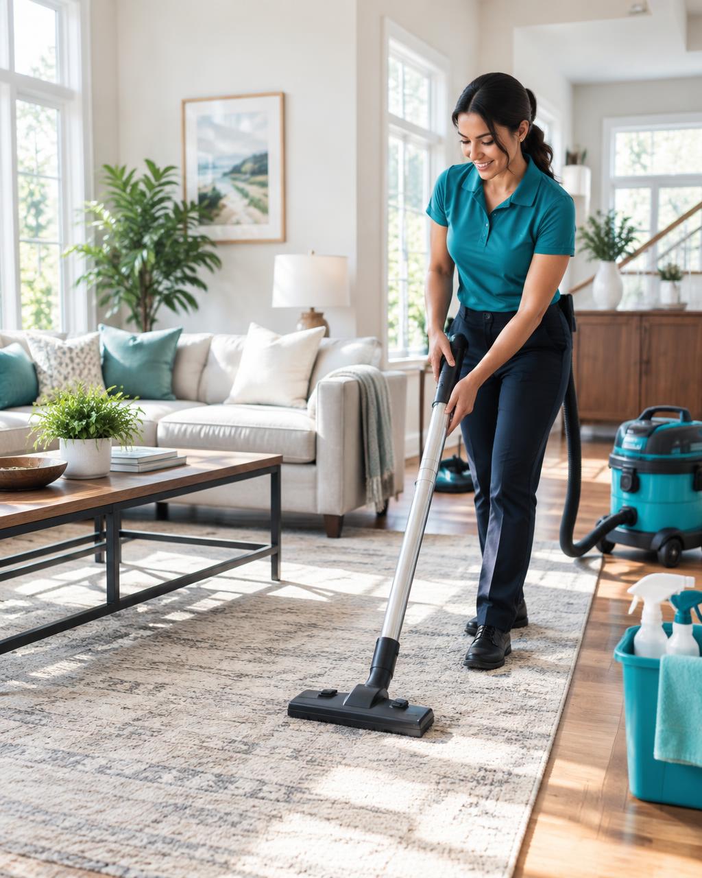 Professional cleaner vacuuming a bright, modern living room